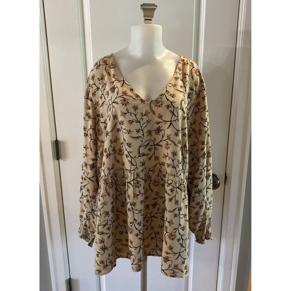 Lane Bryant Size 22 Beige Floral‎ Peplum Smocked Ruffle Sleeve Boho